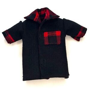 Upcycled black denim mini shirt with red and black buffalo plaid